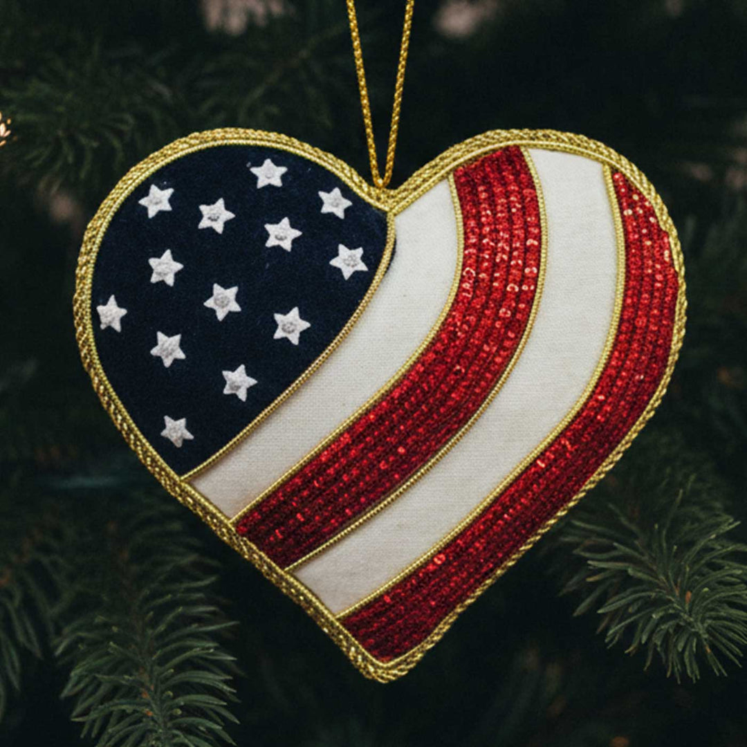 Heart In Red Stars And Stripes Premium Zardozi Ornament