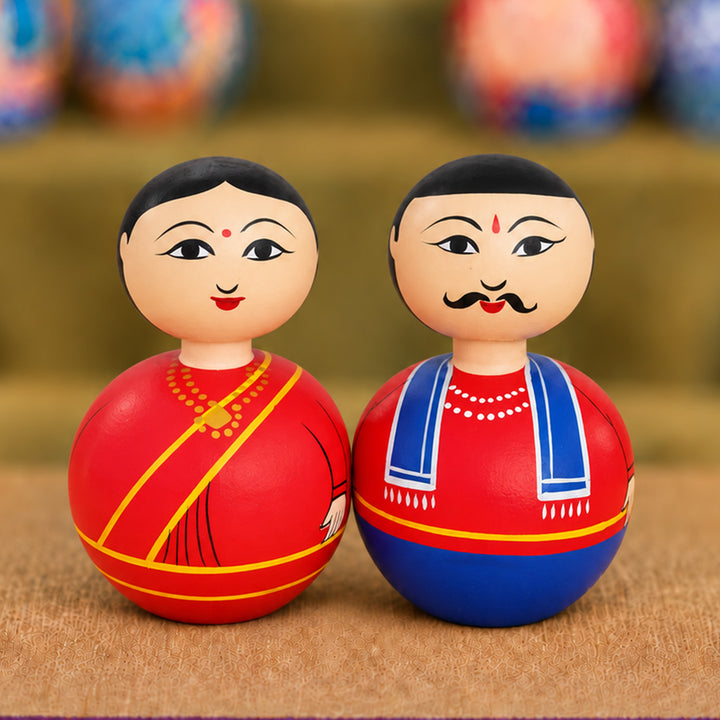 Set of 2 | Hand-Painted Red & Blue Bobble Head Couple Wooden Golu Dolls For Gifting & Decor