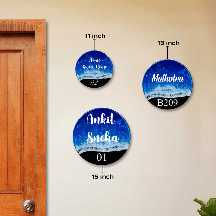 Dark Blue Personalized Ocean Effect Round Resin Name Plate | With 3D Acrylic Letters