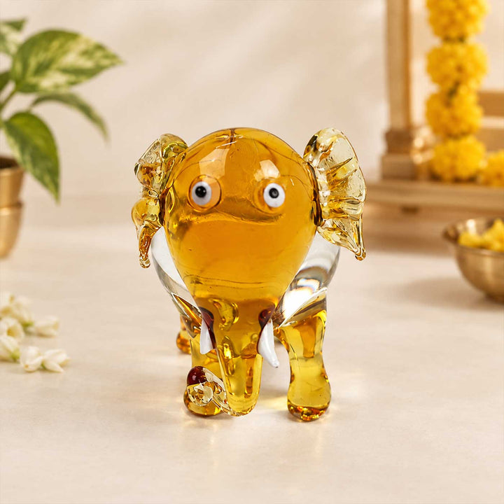 Handmade Blown Glass Amber Elephant Miniature Figurine For Decor