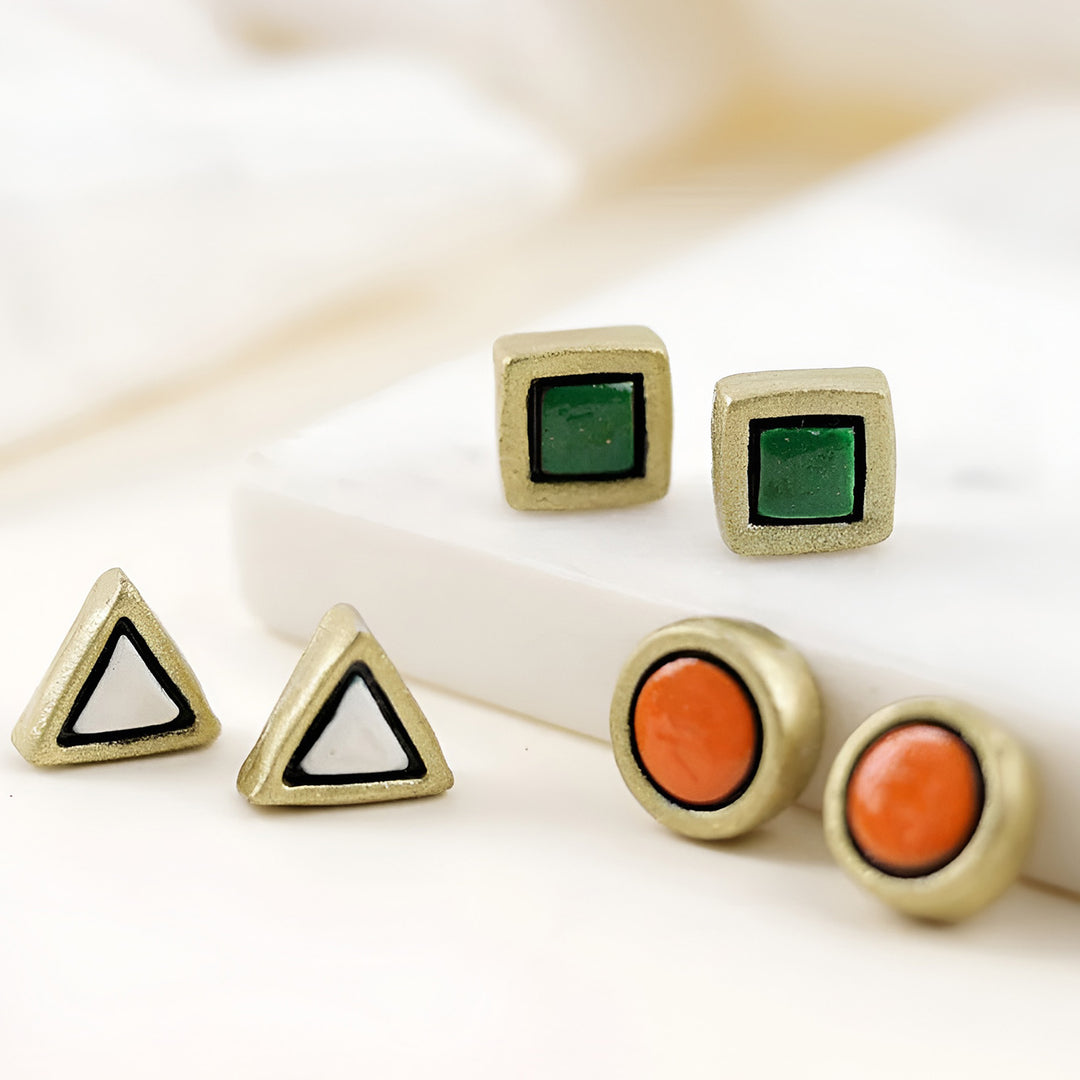 6 Pc | Handmade Geometric Terracotta Earrings | Set Of 3