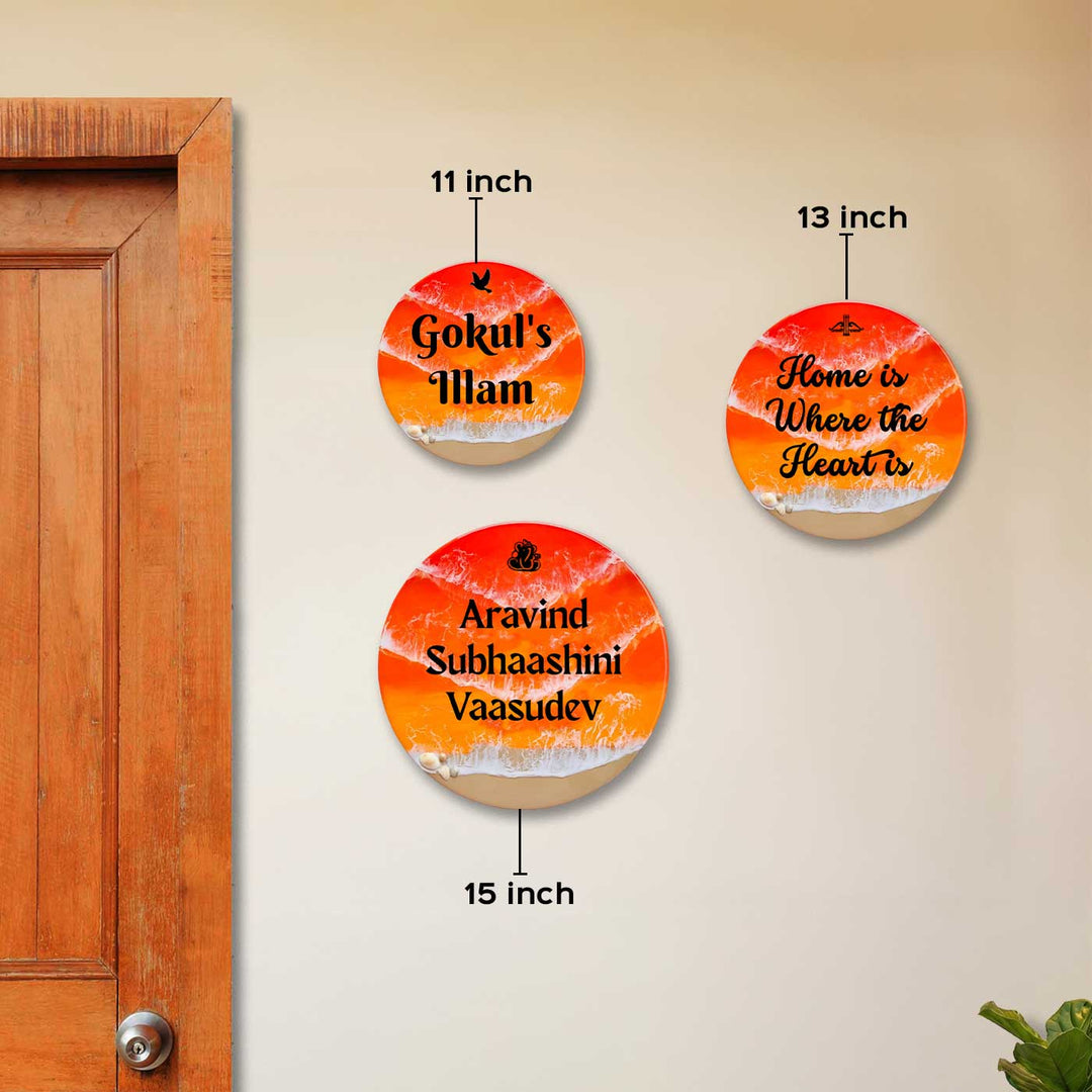 Orange And Black Personalized Ocean Effect Round Resin Name Plate | With 3D Acrylic Letters