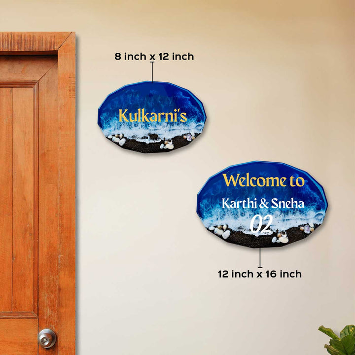 Dark Blue Personalized Ocean Effect Wavy Oval Resin Name Plate | With 3D Acrylic Letters