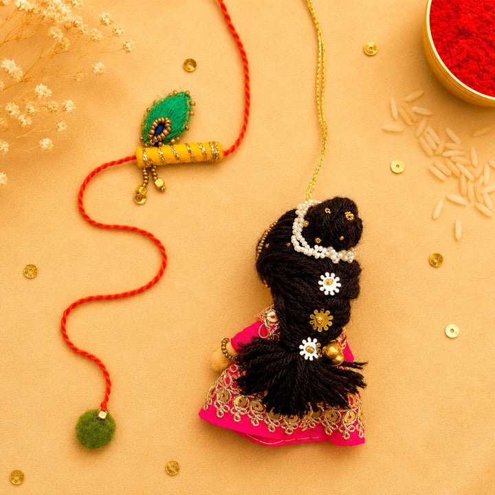 Hand Embroidered Radha Bansuri Rakhi Lumba Set For Bhaiya Bhabhi