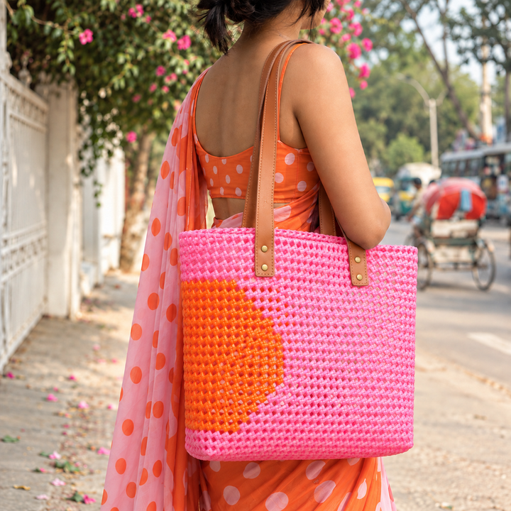 "Polka Twist" Pink And Orange Handmade Wire Koodai Tote Bag