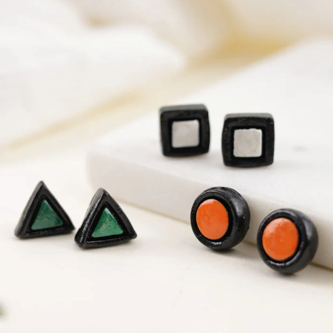 6 Pc | Handmade Geometric Terracotta Earrings | Set Of 3