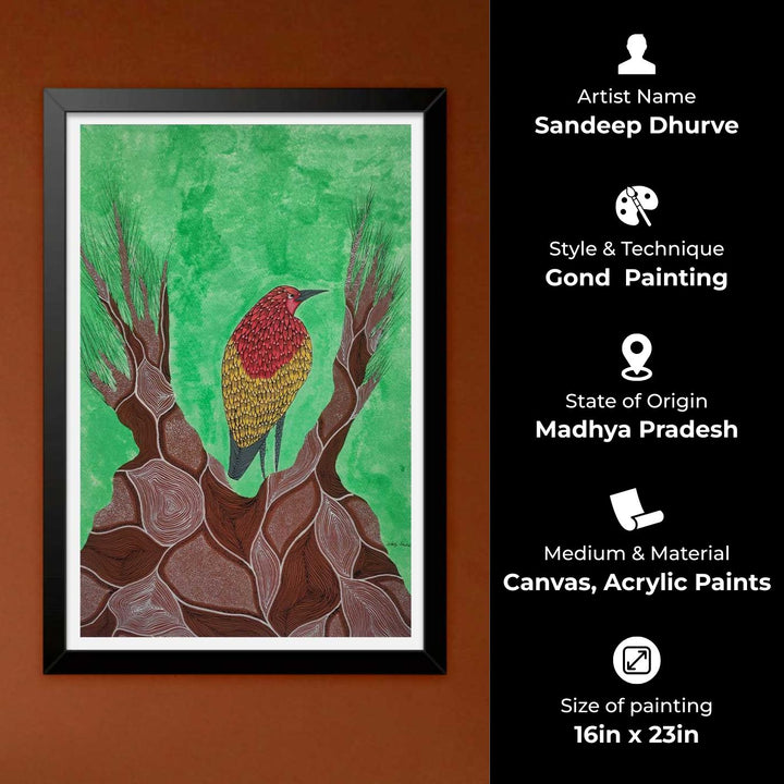 16 x 23 Inch | Tree Guardian Bird | Original Hand Painted Tribal Gond Art Painting | Acrylic Paints On Paper