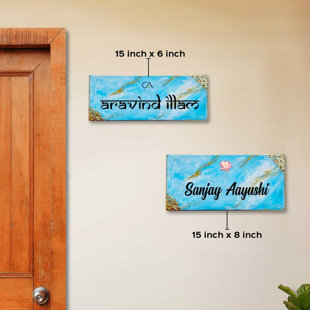 Blue Personalized Marble Effect Rectangle Resin Name Plate | With 3D Acrylic Letters & Gold Stone Embellishment