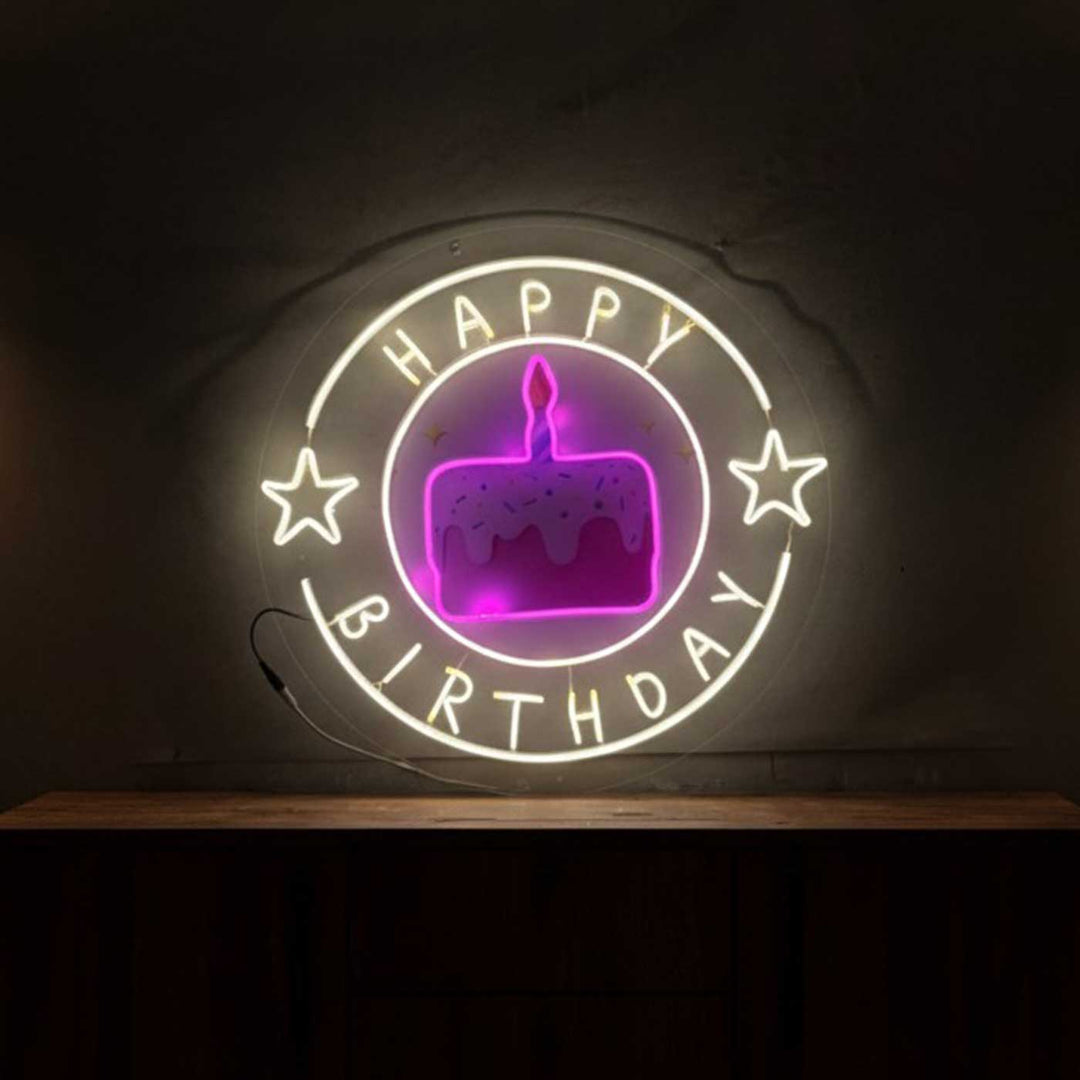 Handmade "Happy Birthday" Neon Light Sign Board with Printed Acrylic Cake Background
