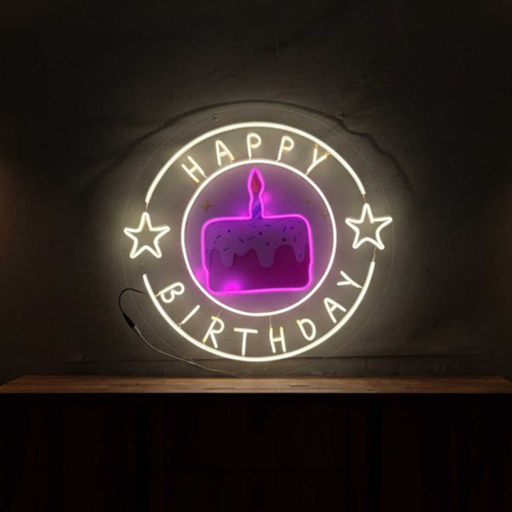Handmade "Happy Birthday" Neon Light Sign Board with Printed Acrylic Cake Background