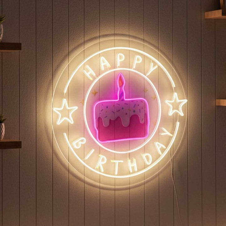 Handmade "Happy Birthday" Neon Light Sign Board with Printed Acrylic Cake Background