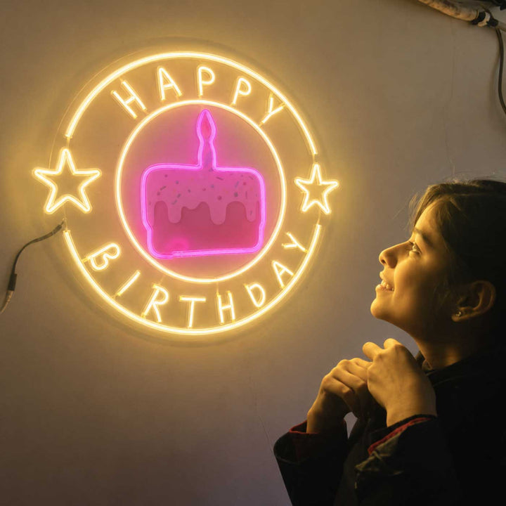 Handmade "Happy Birthday" Neon Light Sign Board with Printed Acrylic Cake Background