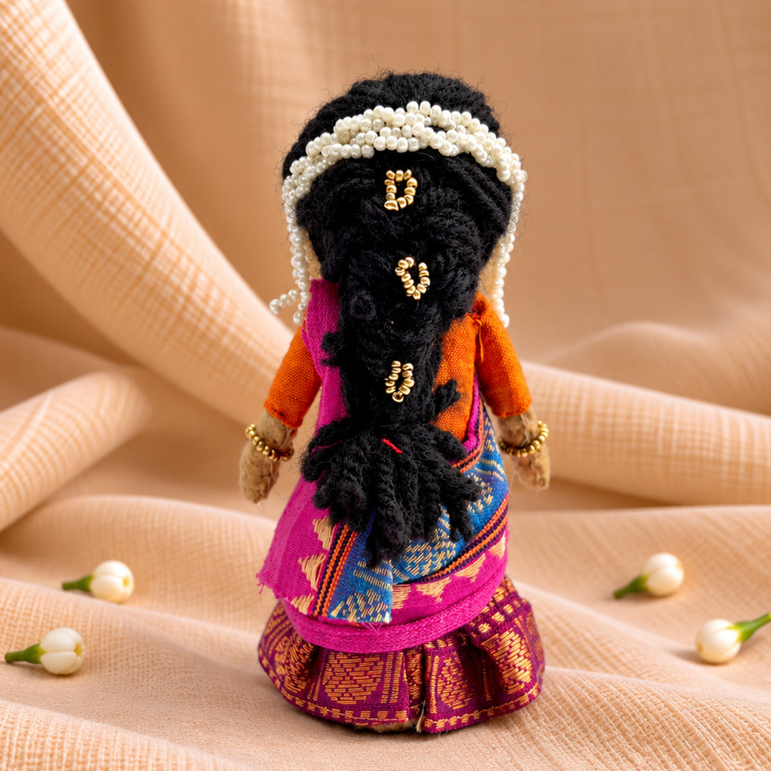 "Nandini" Handmade Felt & Fabric Golu Doll In Half Saree With Gajra For Festive Decor