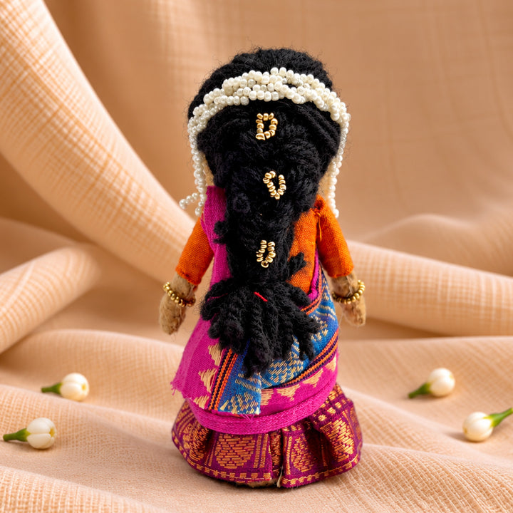 "Nandini" Handmade Felt & Fabric Golu Doll In Half Saree With Gajra For Festive Decor