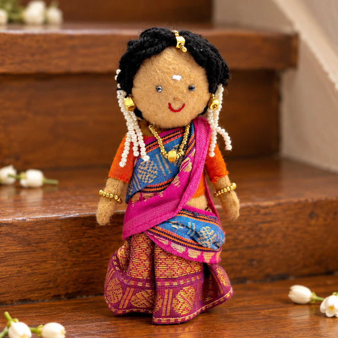 "Nandini" Handmade Felt & Fabric Golu Doll In Half Saree With Gajra For Festive Decor