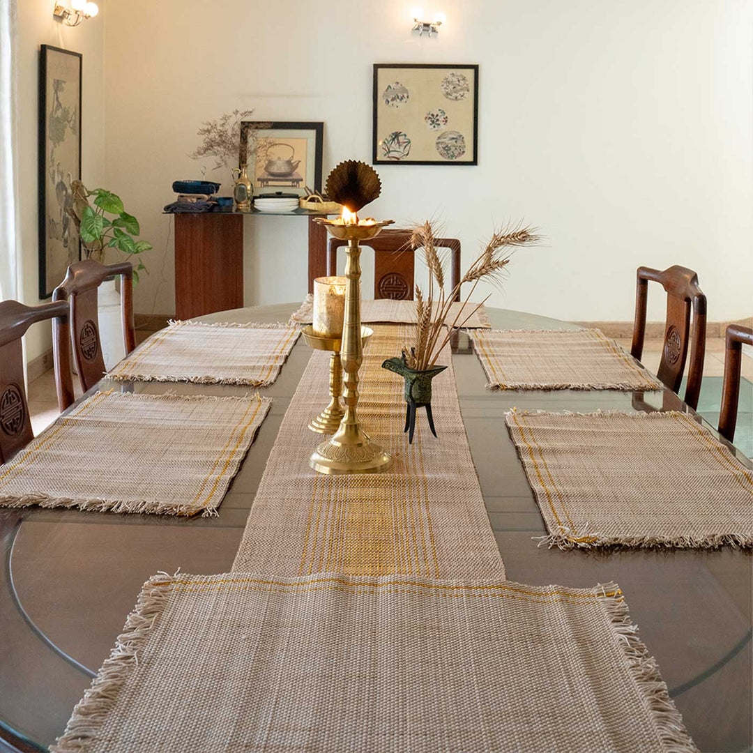 Hand Woven Vertical Striped Madhurkati Table Runner & Table Mat