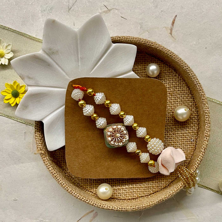 Handmade Sacred Threads Rakhi Hamper Includes 1 Marble Lotus 1 Tilak Bowl 1 Roli Chawal 1 Pooja Thali And 1 Set Bhaiya Bhabhi Rakhi - Rakhi bracelet in basket