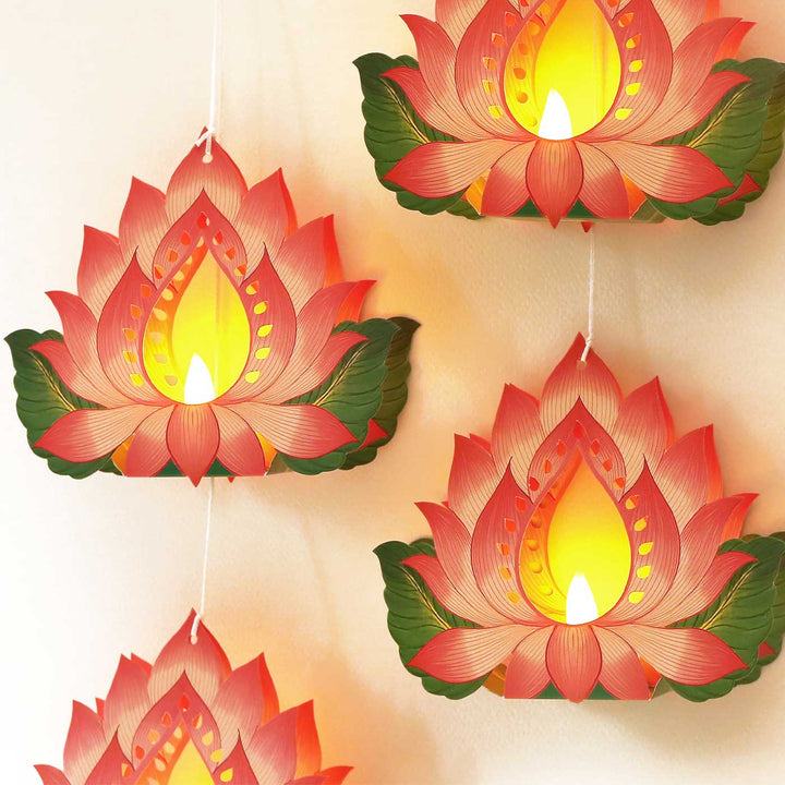 Handmade Hanging Lotus Diya Design With Electric Tealights | Set Of 4