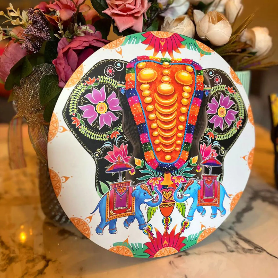 Printed Round Floral Elephant Theme MDF Wood Wall Decor