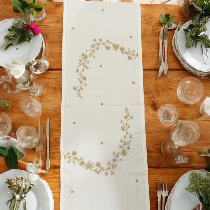 Hand Embroidered Floral Chikankari Cotton Table Runner