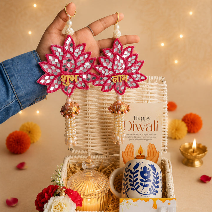 Ivory Shubh Labh White Basket Diwali Gift Hamper With Glass Candle And Blue Mug For Festive Gifting
