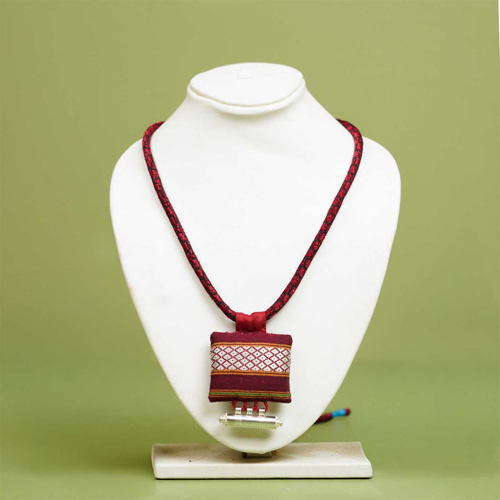 Handmade Maroon Khunn Fabric Necklace With Silver Tawiz