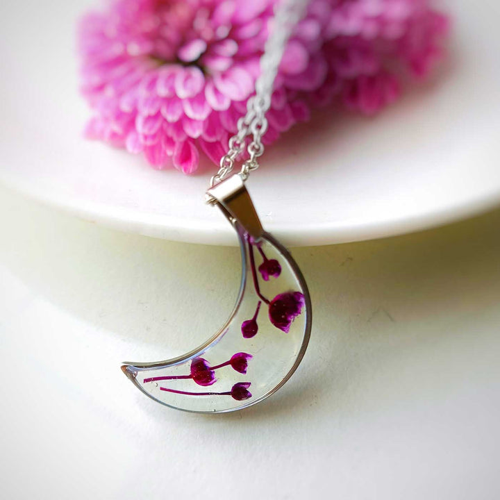 Pink Preserved Flower Luna Moon Shape Stainless Steel Necklace