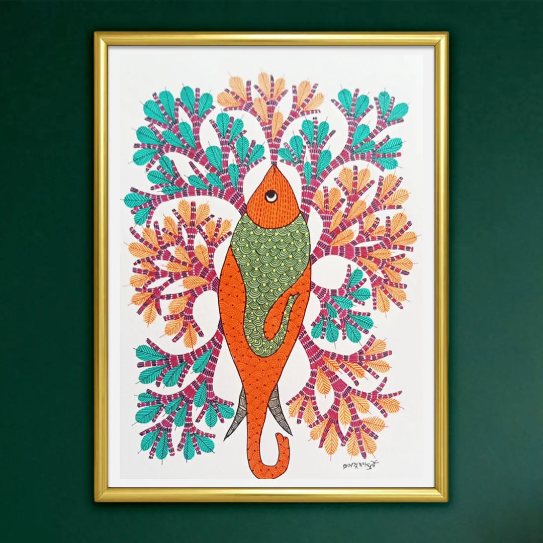 11 x 16 Inch | Orange Fish | Original Hand Painted Tribal Gond Art Painting | Acrylic Paint On Paper