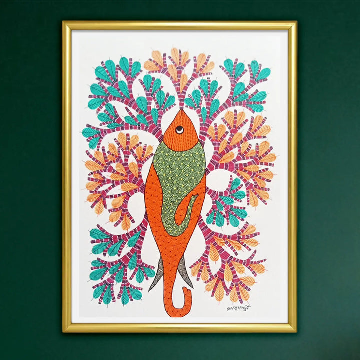 11 x 16 Inch | Orange Fish | Original Hand Painted Tribal Gond Art Painting | Acrylic Paint On Paper