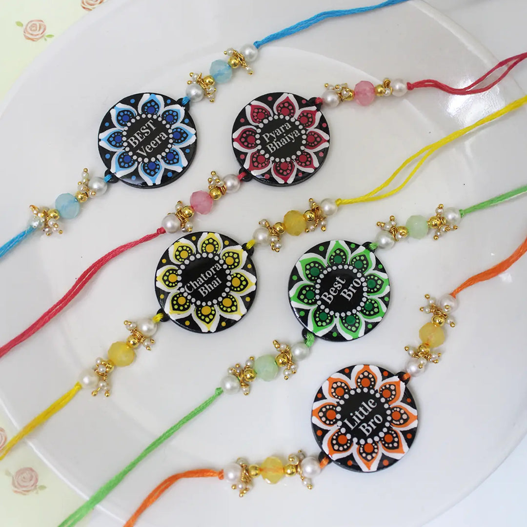 Personalized Hand-Painted Dot Mandala Round Floral Rakhi With Roli Chawal