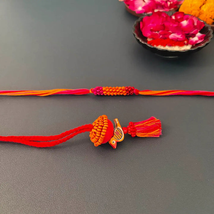 Handmade Beaded Multicolour Bird Bhaiya Bhabhi Rakhi With Roli Chawal | Set Of 2