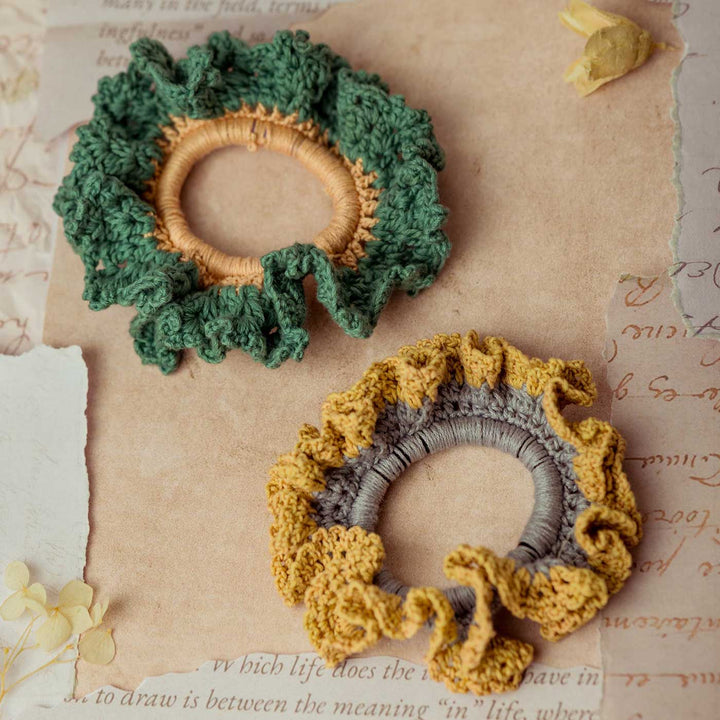 Handmade Crochet Guncha Mustard Green Cluster Scrunchie | Set Of 2