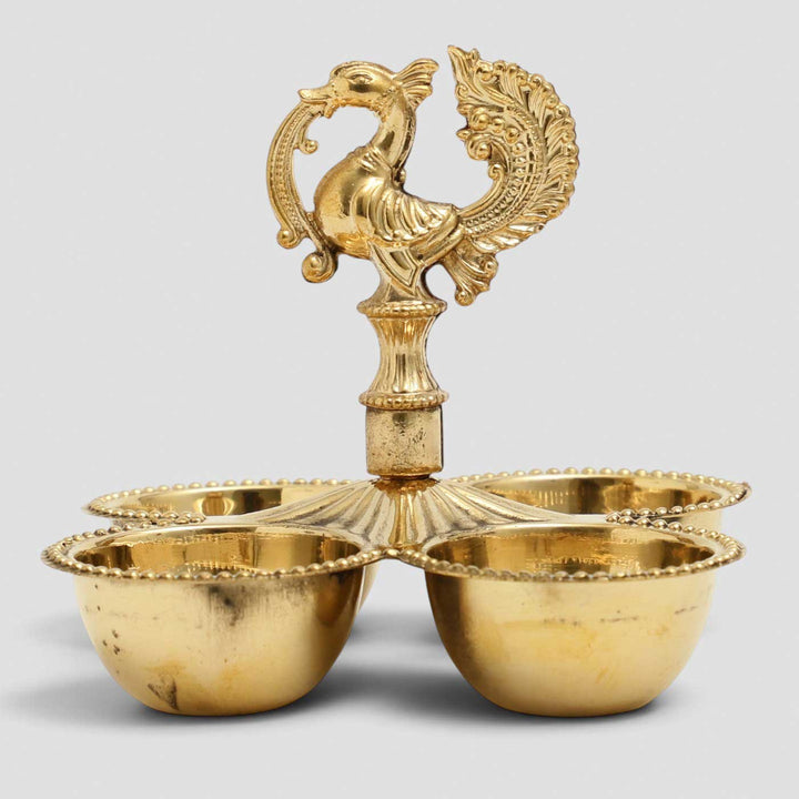 4-Wick Peacock Brass Oil Lamp With Stand For Festive Decor