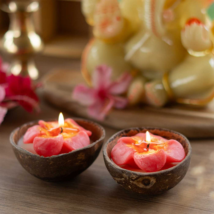 Set Of 2 | "Hibiscus" Handmade Soy Wax Scented Coconut Shell Candle For Home Decor