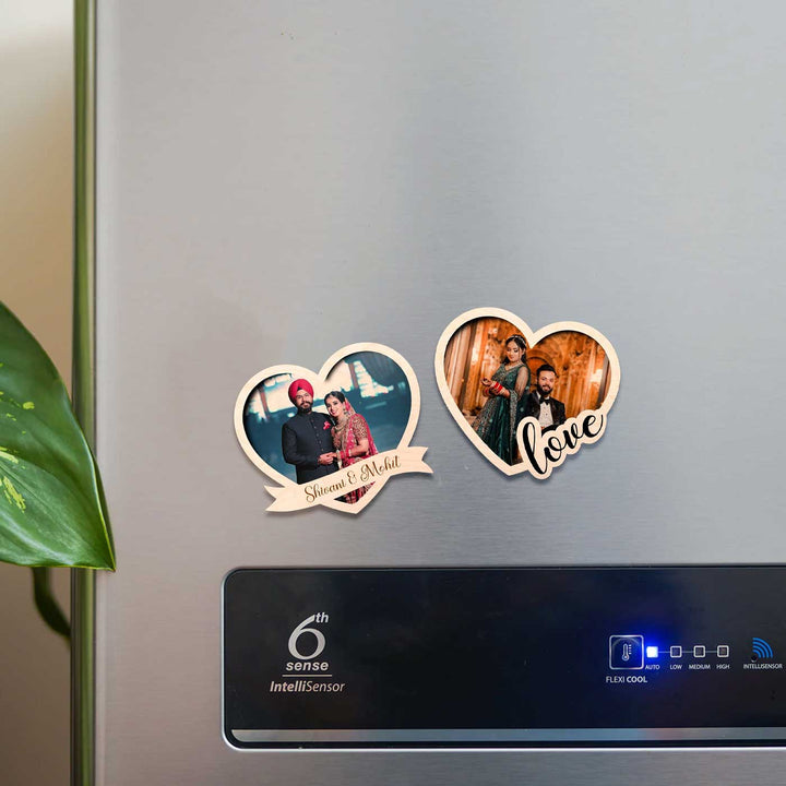 Photo Personalized Printed Heart Shaped Wooden Fridge Magnet | Set Of 2