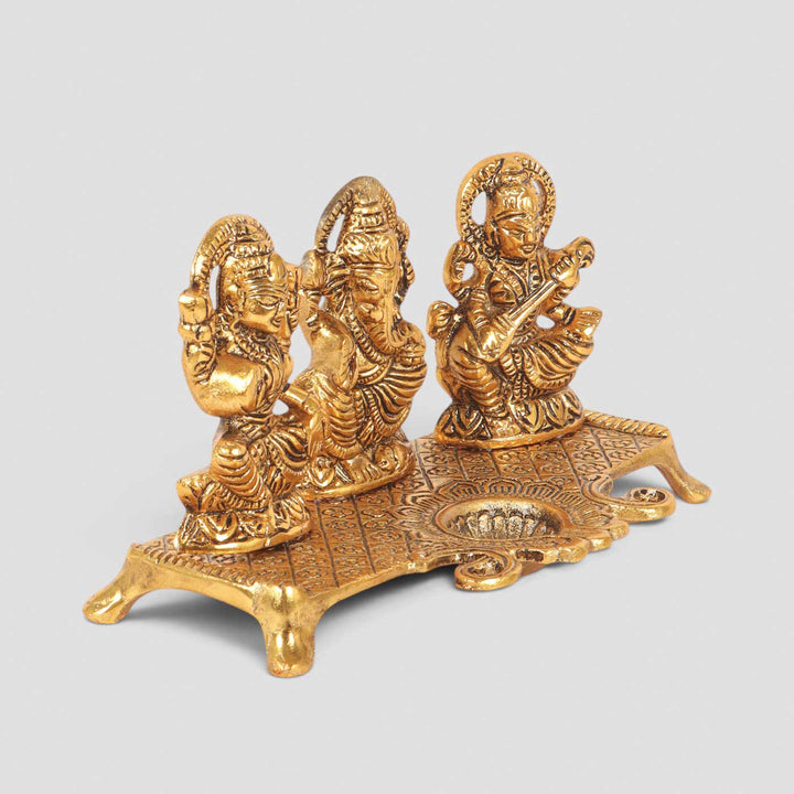 Handmade Lakshmi Ganesh Saraswati Aluminium Oil Lamp / Diya For Pooja Decor