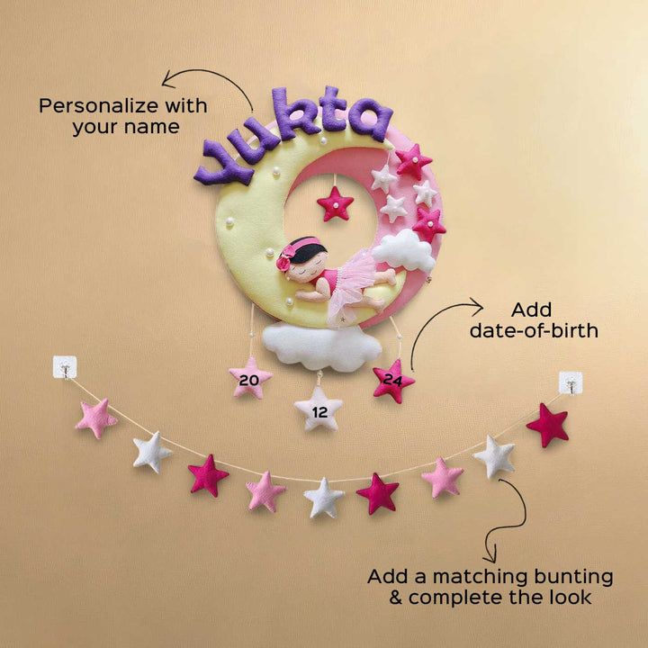 Hand-stitched Baby on the Moon themed Round Felt Kids Name Plate for Girls