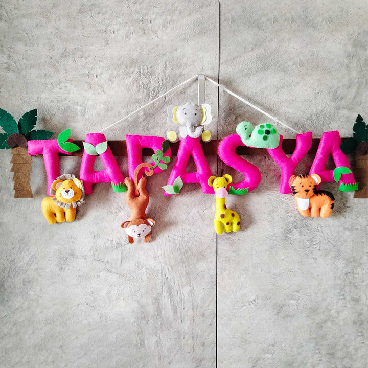 Personalized Pink Jungle Theme Felt Kids Name Plate