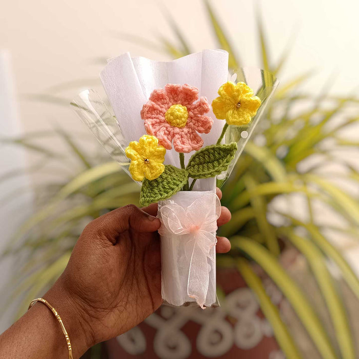 Handmade Crochet Peach & Yellow Mini Flower Bouquet | Includes Photo & Greeting Card