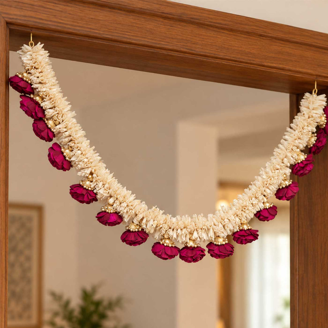 Handmade Gulab Rani Maroon & Ivory Sola Wood Rose Flower Toran with Gold Beads