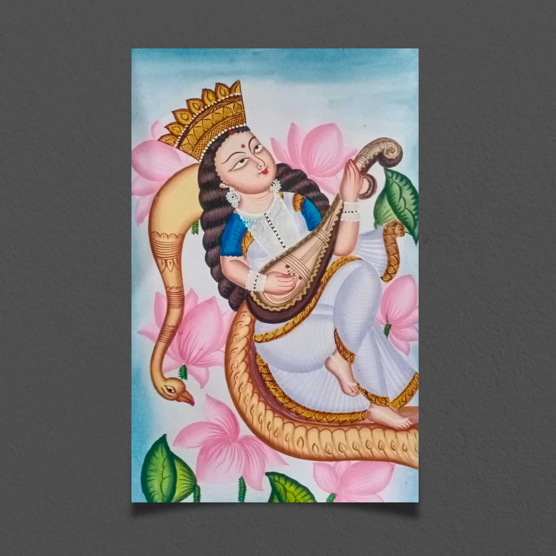 14 x 22 Inch | Veena Vahini | Original Hand Painted Kalighat Painting | Natural Colors On Paper
