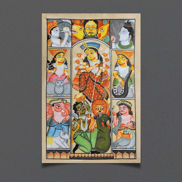 14 x 22 Inch | Durga Mahishasura Mardini | Original Hand Painted Kalighat Painting | Natural Colors On Paper