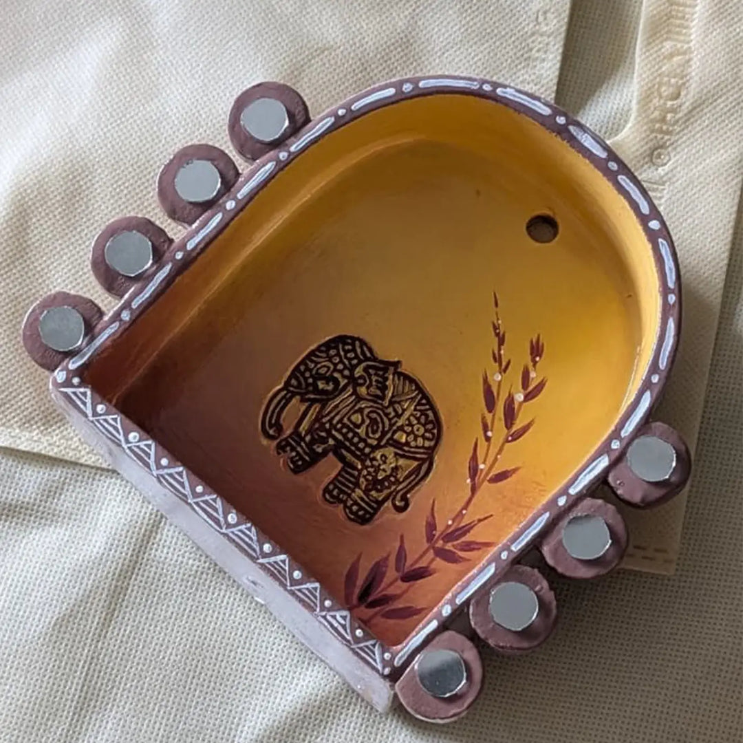 Hand-Painted Mirror Work Elephant Motif Terracotta Tealight Holder