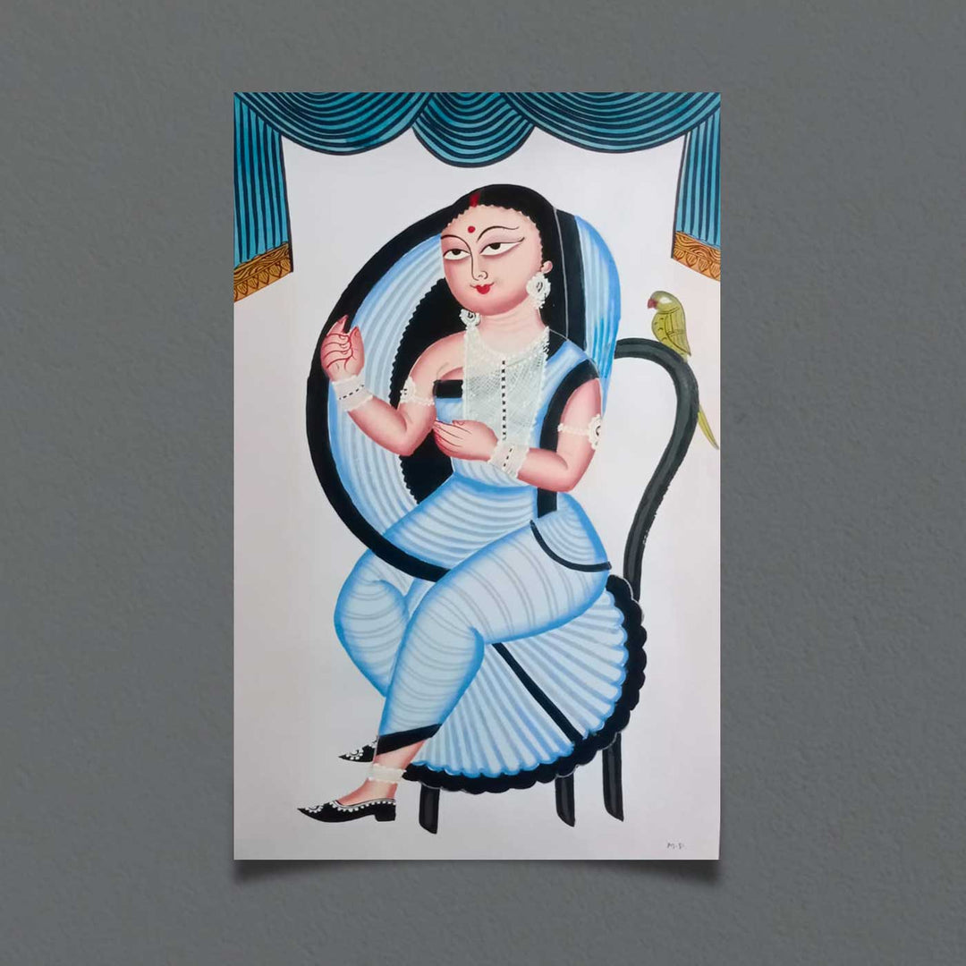 14 x 22 Inch | Kalighat Sundari | Original Hand Painted Kalighat Painting | Natural Colors On Paper