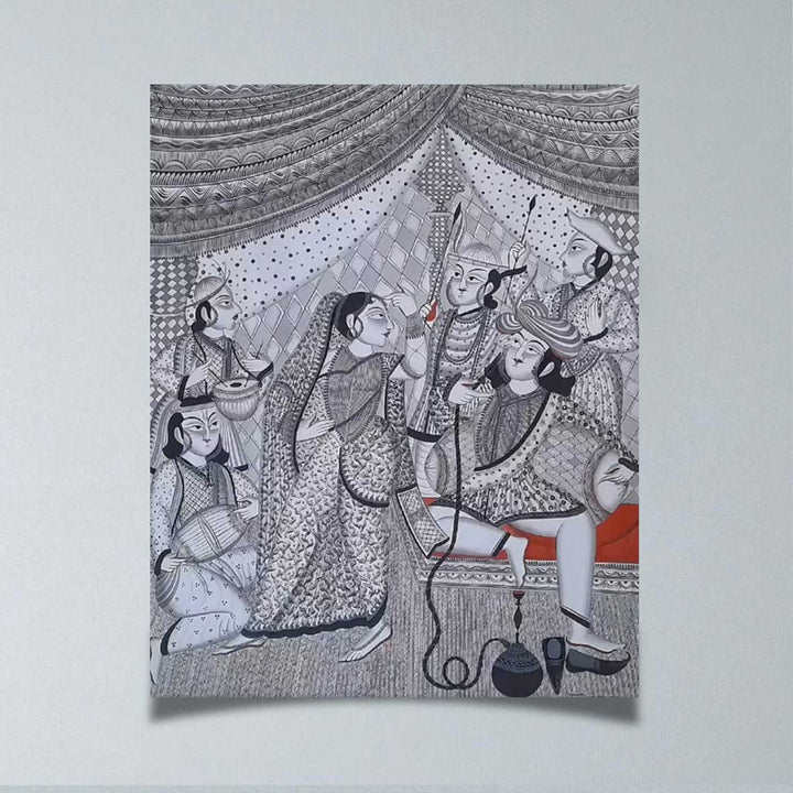 28 x 22 Inch | Royal Court Scene | Original Hand Painted Kalighat Painting | Natural Pigment On Paper