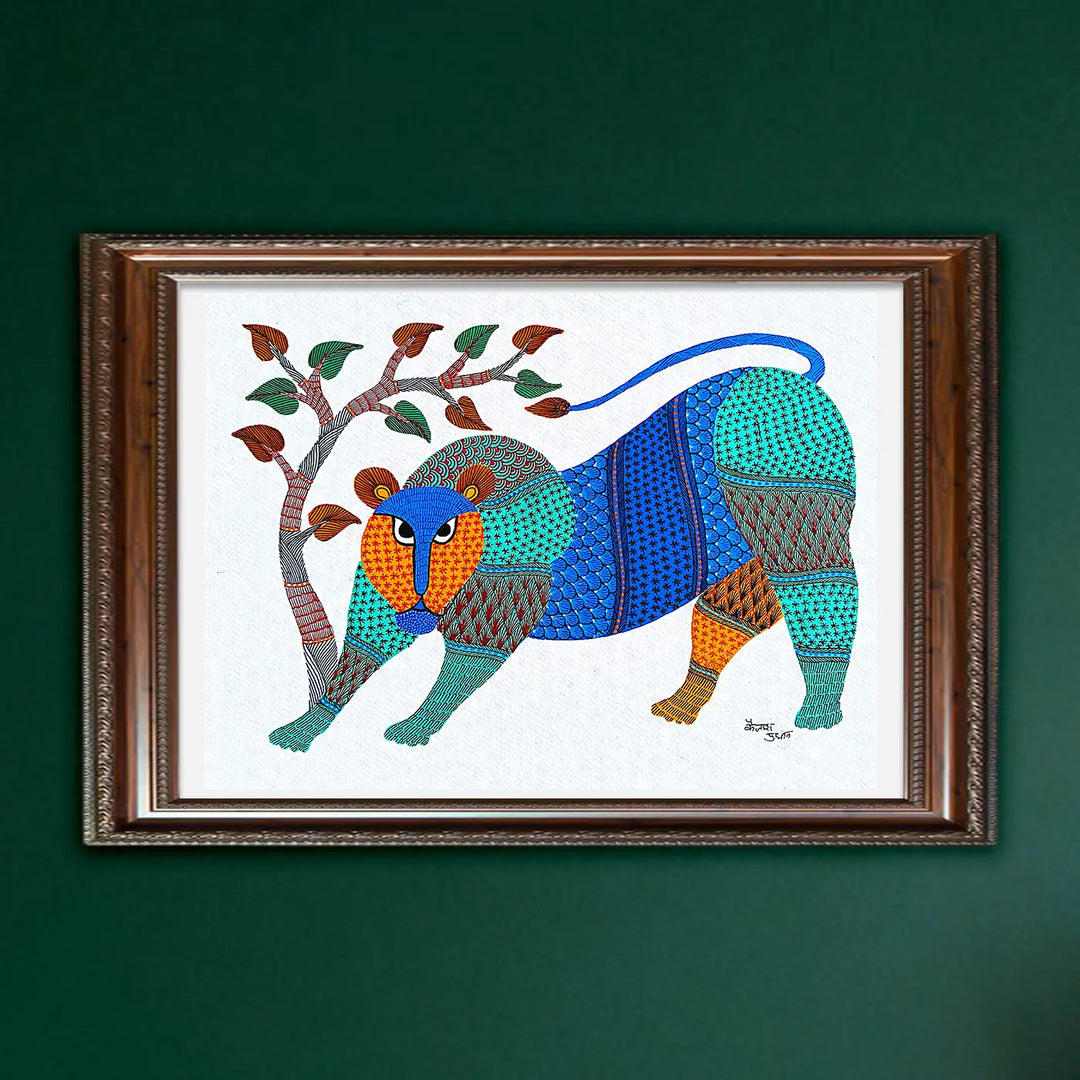 11 x15 Inch | Lion & Tree | Original Hand Painted Tribal Gond Art Painting | Acrylic Paints On Paper