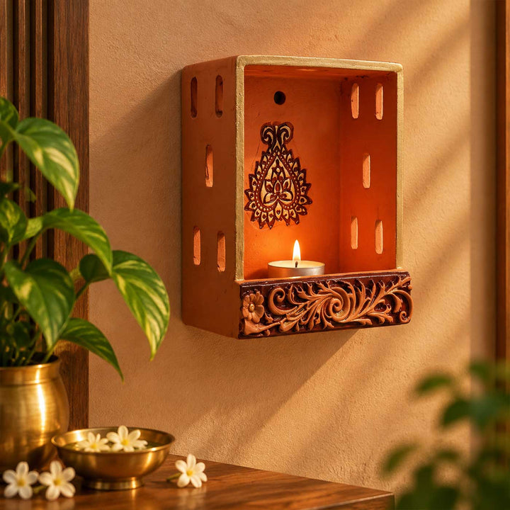 Hand-Painted "TerraShrine" Square Jaali Cutout Terracotta Wall Decor Tealight Holder For Festive Decor