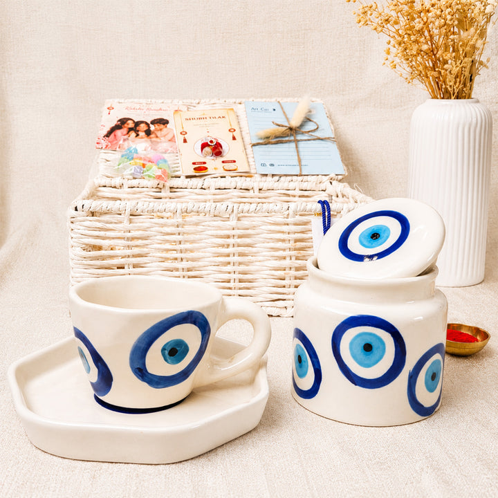 Evil Eye "Blue Protection" Ceramic Rakhi Set Hamper With Mug, Jar & Basket For Bhaiya Bhabhi