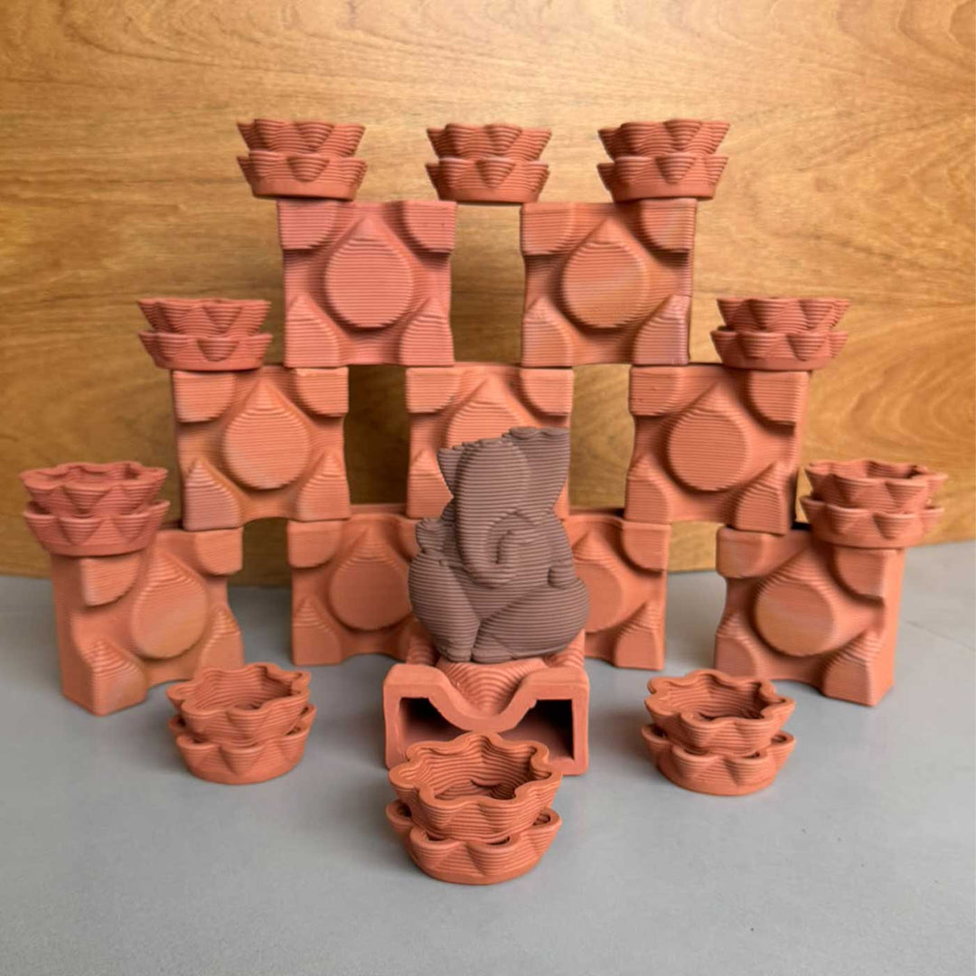 Handmade 3D Printed Small Ganpati Combo Stoneware Sculpture With Diyas & Base