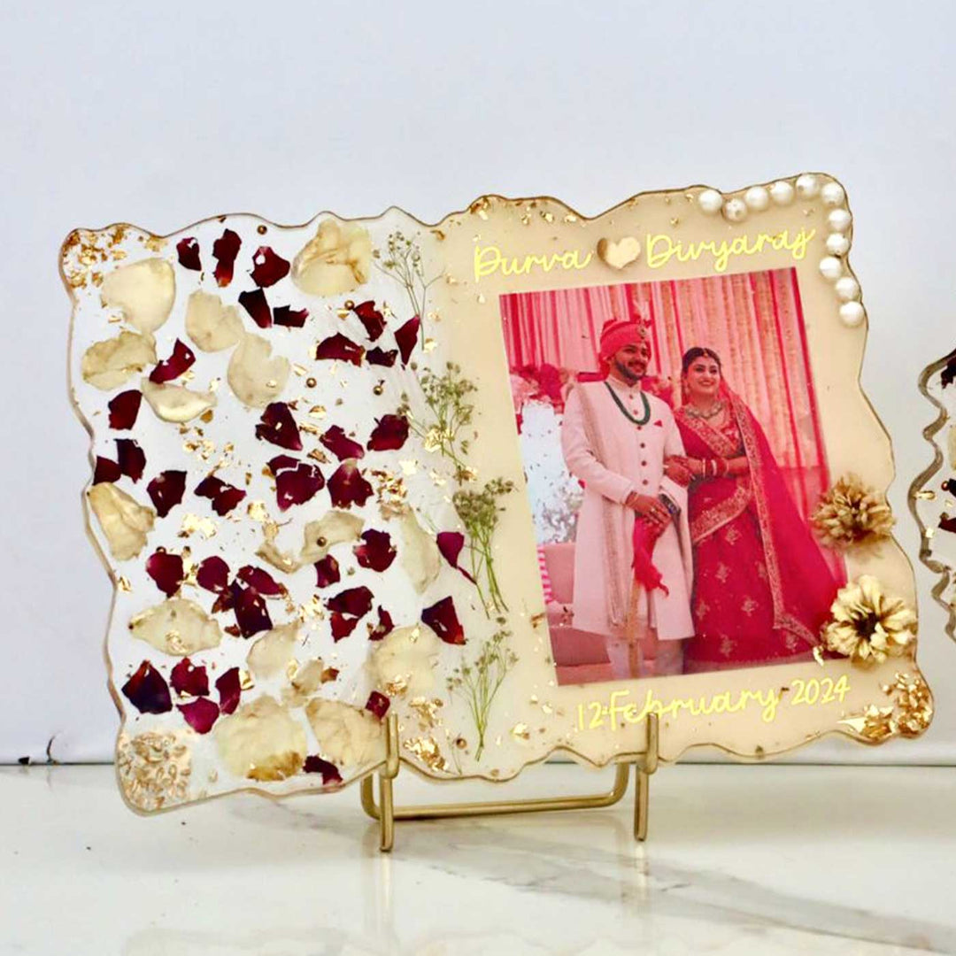 Photo Personalized Preserved Flower White & Gold Resin Wedding Plaque With Stand